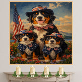 Bernese Mountain Dog Mother and Three Puppies Wearing Patriotic Hats and Bows in a Floral Field with American Theme on Ready to Hang 1.5" Thick Canvas Wrap, Floating Framed Canvas, Flat Rolled Canvas